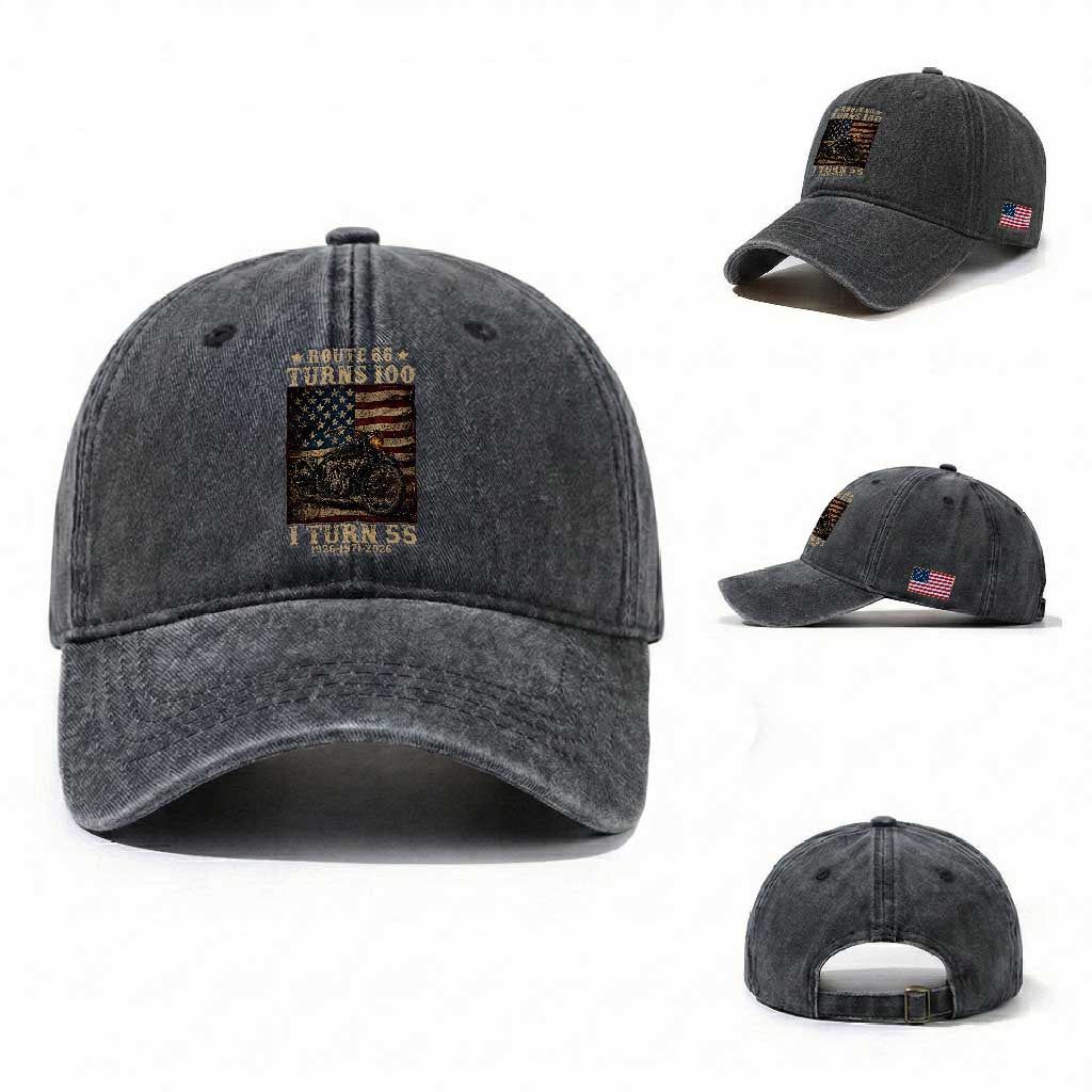 Route Highway 66 Turns 100 I Turn 55 Washed Cotton Baseball Cap Vintage 1971 American Motorcycle Lover 55th Birthday Gift