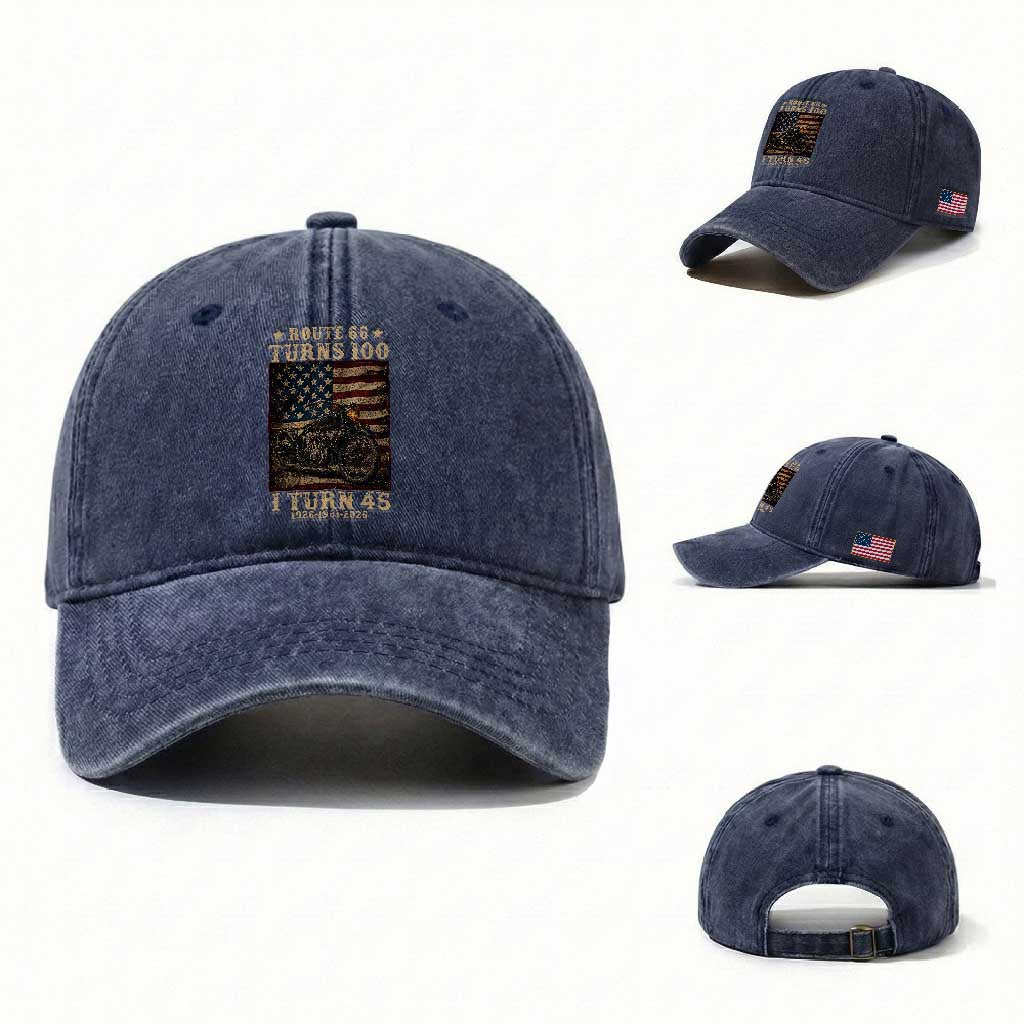 Route Highway 66 Turns 100 I Turn 45 Washed Cotton Baseball Cap Vintage 1981 American Motorcycle Lover 45th Birthday Gift