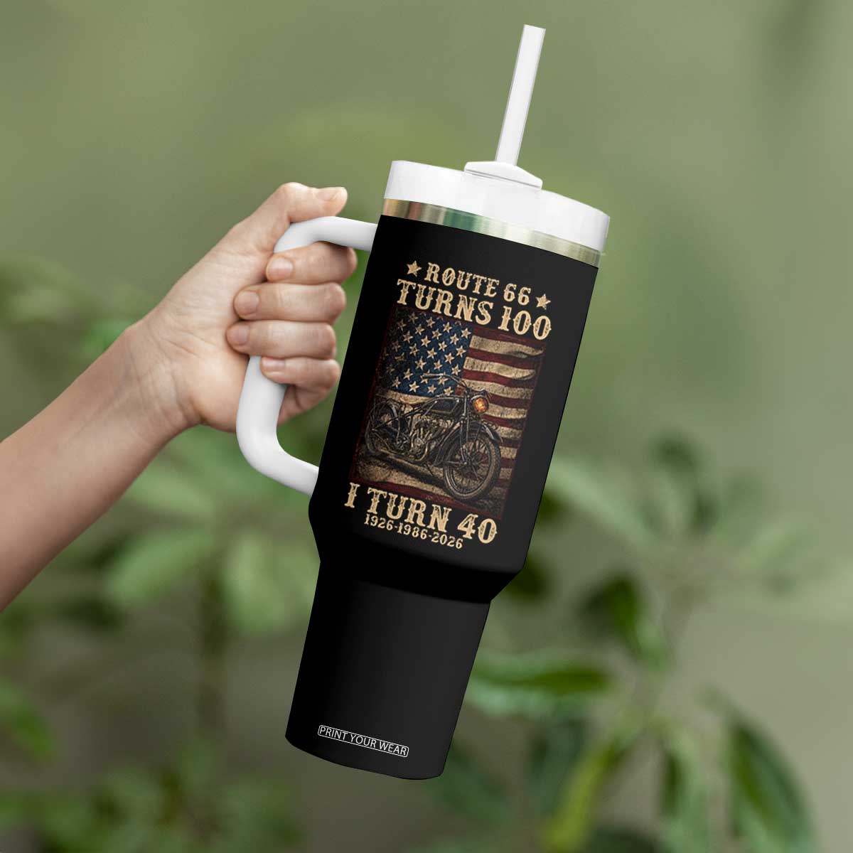 Route Highway 66 Turns 100 I Turn 40 Tumbler With Handle Vintage 1986 American Motorcycle Lover 40th Birthday Gift