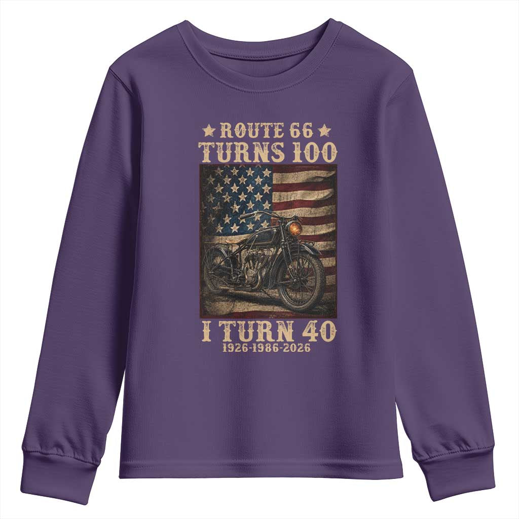 Route Highway 66 Turns 100 I Turn 40 Youth Sweatshirt Vintage 1986 American Motorcycle Lover 40th Birthday Gift