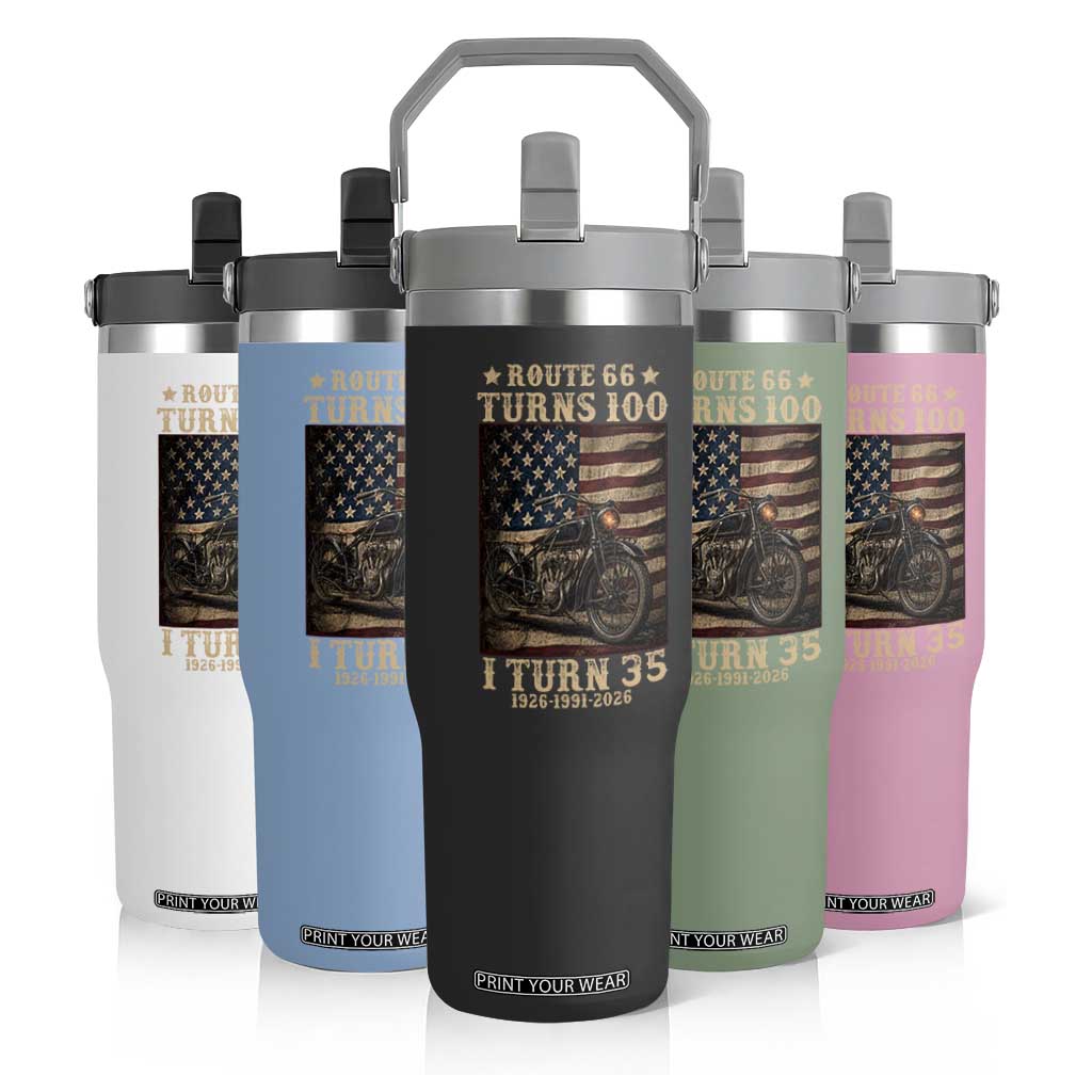 Route Highway 66 Turns 100 I Turn 35 Flip Straw Tumbler Vintage 1991 American Motorcycle Lover 35th Birthday Gift