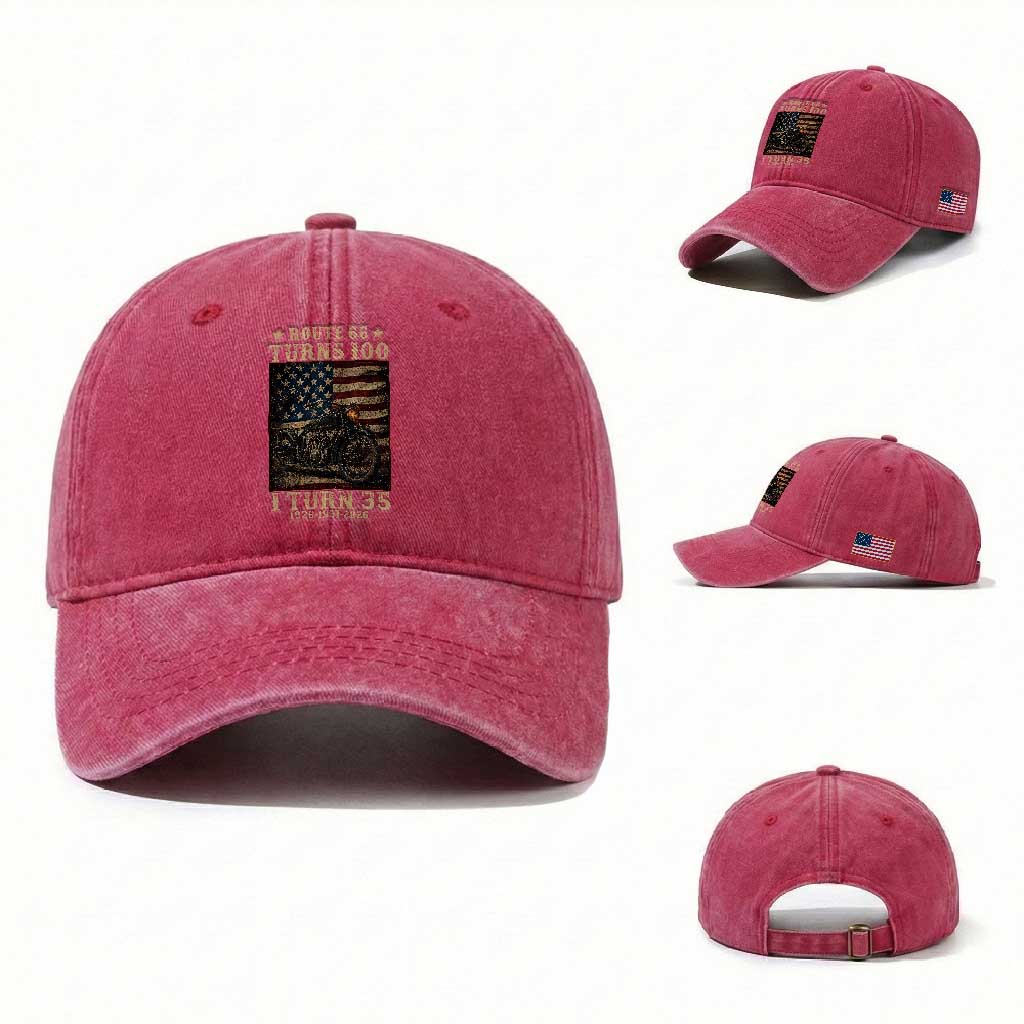Route Highway 66 Turns 100 I Turn 35 Washed Cotton Baseball Cap Vintage 1991 American Motorcycle Lover 35th Birthday Gift