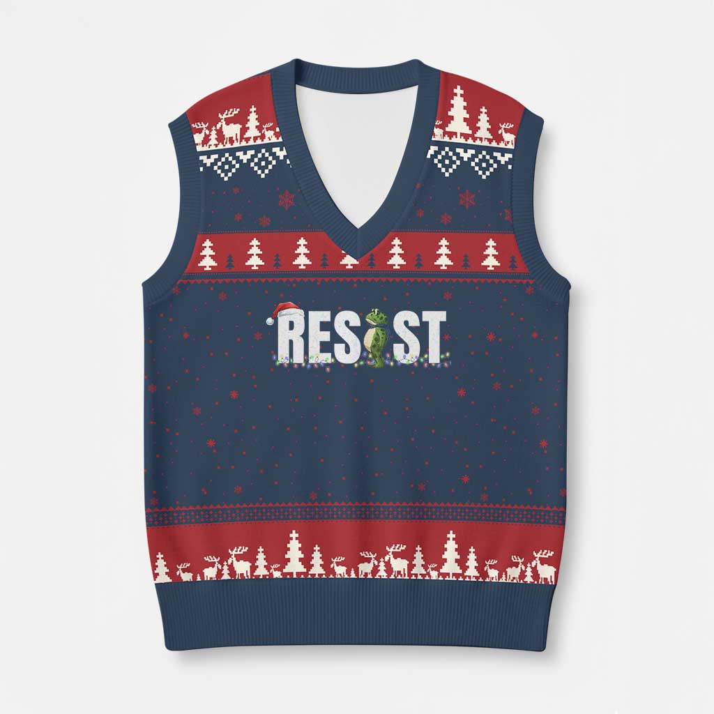 Resist Frog Xmas V-Neck Knit Sweater Vest Funny Portland Protest ICE Activist Meme 2025 - Print Your Wear