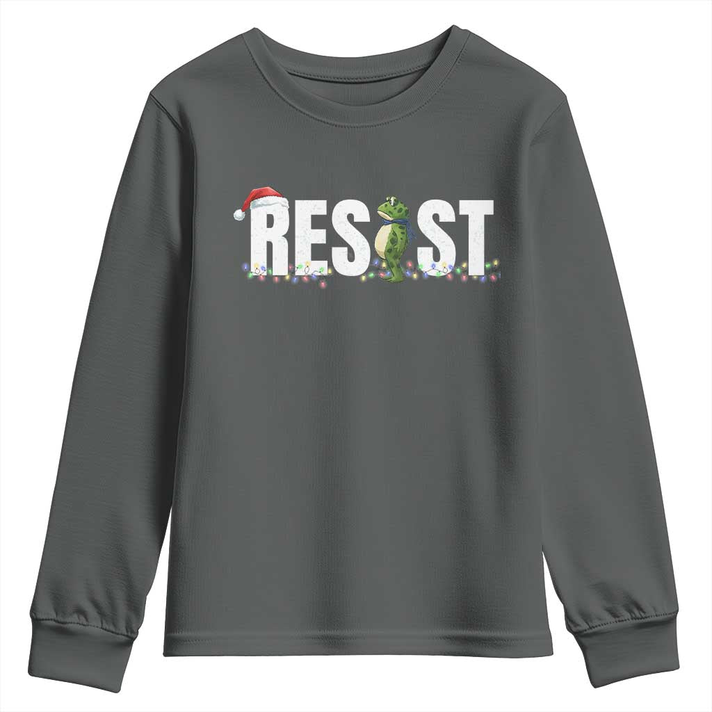 Resist Frog Christmas Youth Sweatshirt Funny Portland Protest ICE Activist Meme 2025 TS14 Dark Heather Print Your Wear