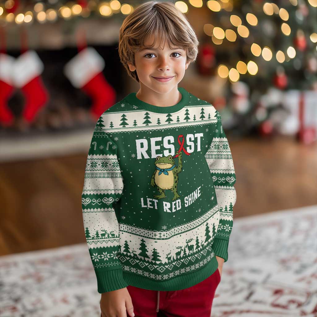 Resist Frog AIDS Awareness Ugly Christmas Sweater Funny Portland Activist Meme HIV Support Red Ribbon TS14 Forest Green Beige Print Your Wear