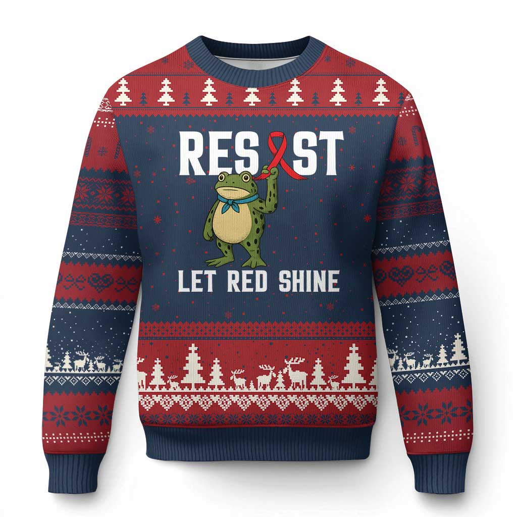 Resist Frog AIDS Awareness Ugly Christmas Sweater Funny Portland Activist Meme HIV Support Red Ribbon - Print Your Wear