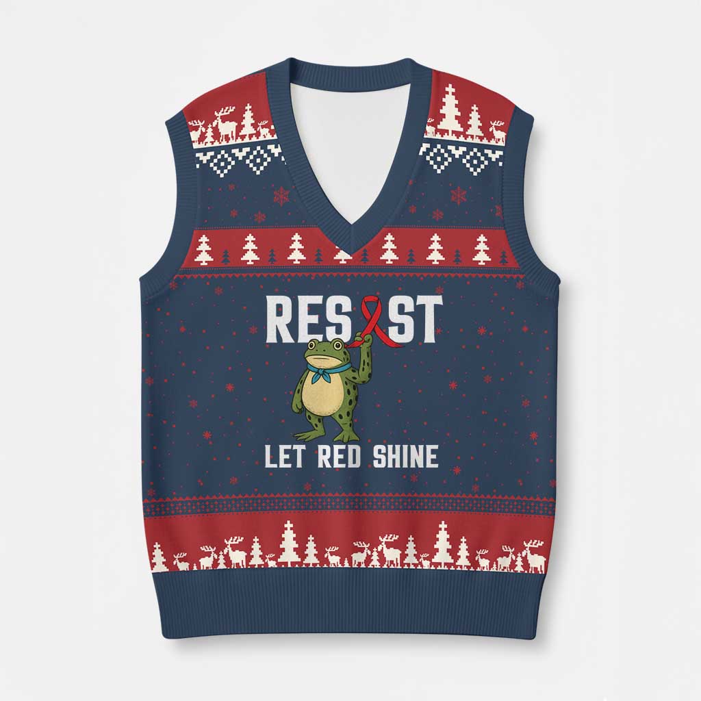 Resist Frog AIDS Awareness V-Neck Knit Sweater Vest Funny Portland Activist Meme HIV Support Red Ribbon - Print Your Wear
