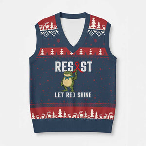 Resist Frog AIDS Awareness V-Neck Knit Sweater Vest Funny Portland Activist Meme HIV Support Red Ribbon - Print Your Wear