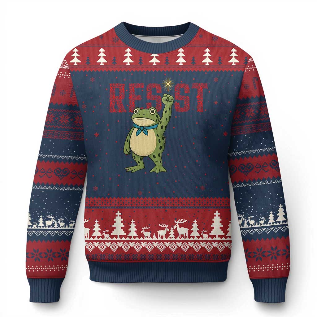 Resist Frog AIDS Awareness Ugly Christmas Sweater Portland Activist Political Meme HIV Support Red Ribbon TS14 Navy Red Print Your Wear