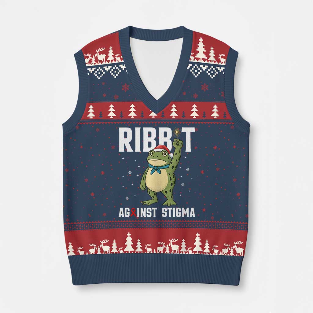 Resist Frog AIDS Awareness Xmas V-Neck Knit Sweater Vest Funny Portland Activist Meme HIV Support Red Ribbon - Print Your Wear