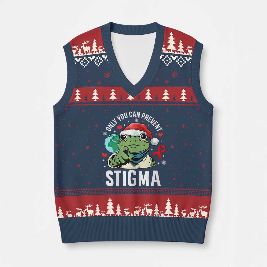 Resist Frog AIDS Awareness Xmas V-Neck Knit Sweater Vest Only You Can Prevent Stigma TS14 Navy Red Print Your Wear