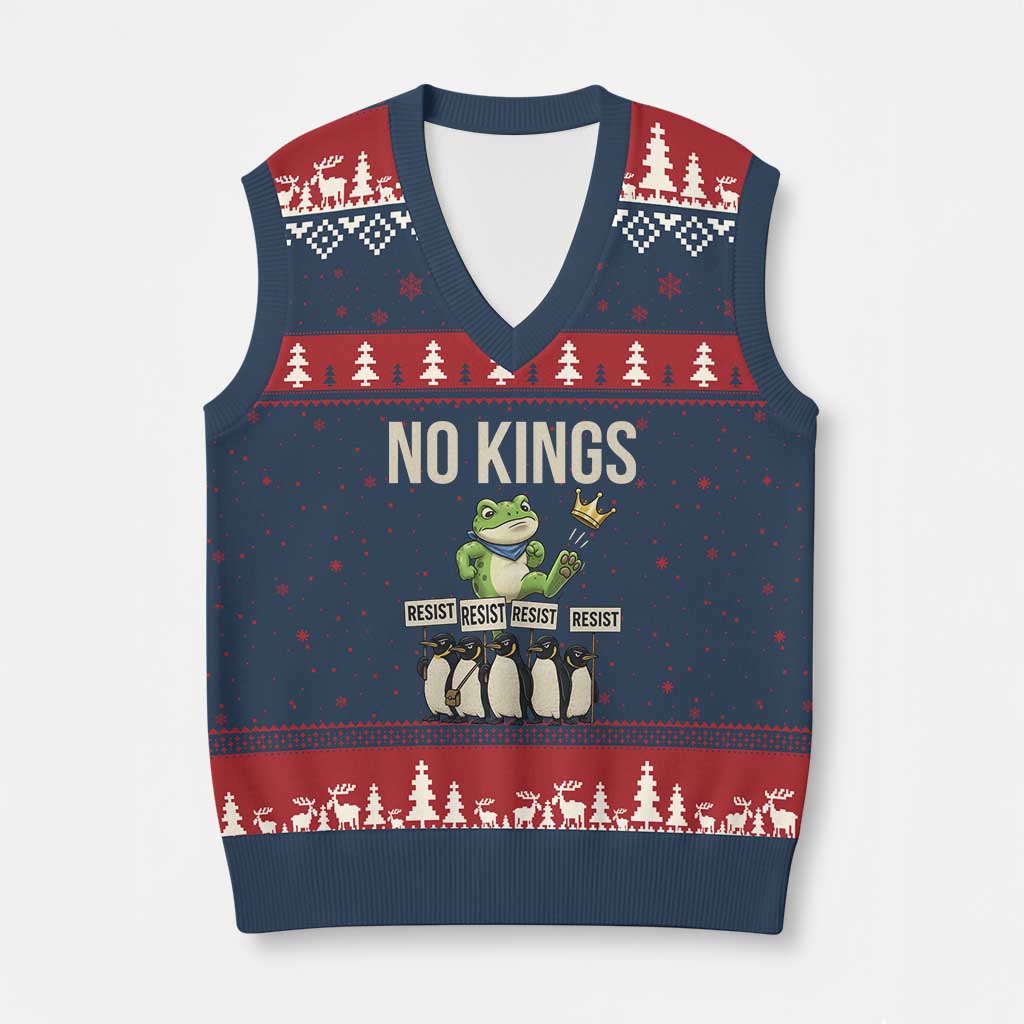 Resist Frog V-Neck Knit Sweater Vest No Kings Funny Portland Protest ICE Activist Meme - Print Your Wear