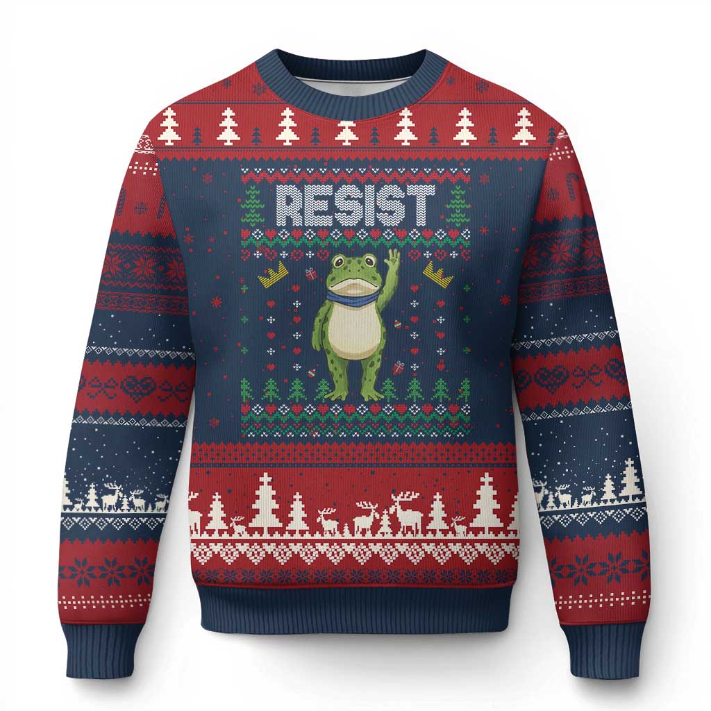 Resist Frog Ugly Christmas Sweater Funny Portland Protest ICE Activist Meme 2025 TS14 Navy Red Print Your Wear