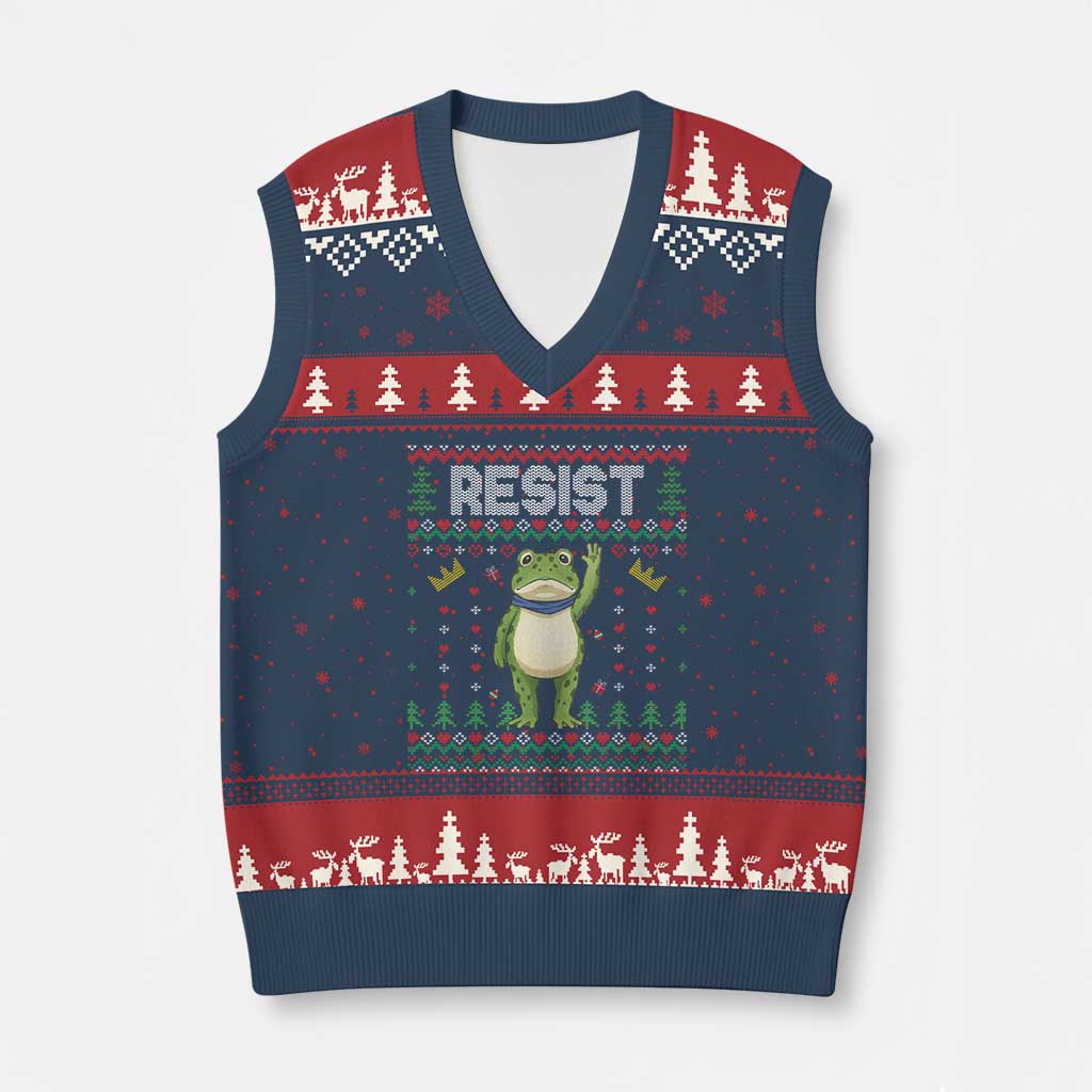 Resist Frog V-Neck Knit Sweater Vest Funny Portland Protest ICE Activist Meme 2025 - Print Your Wear