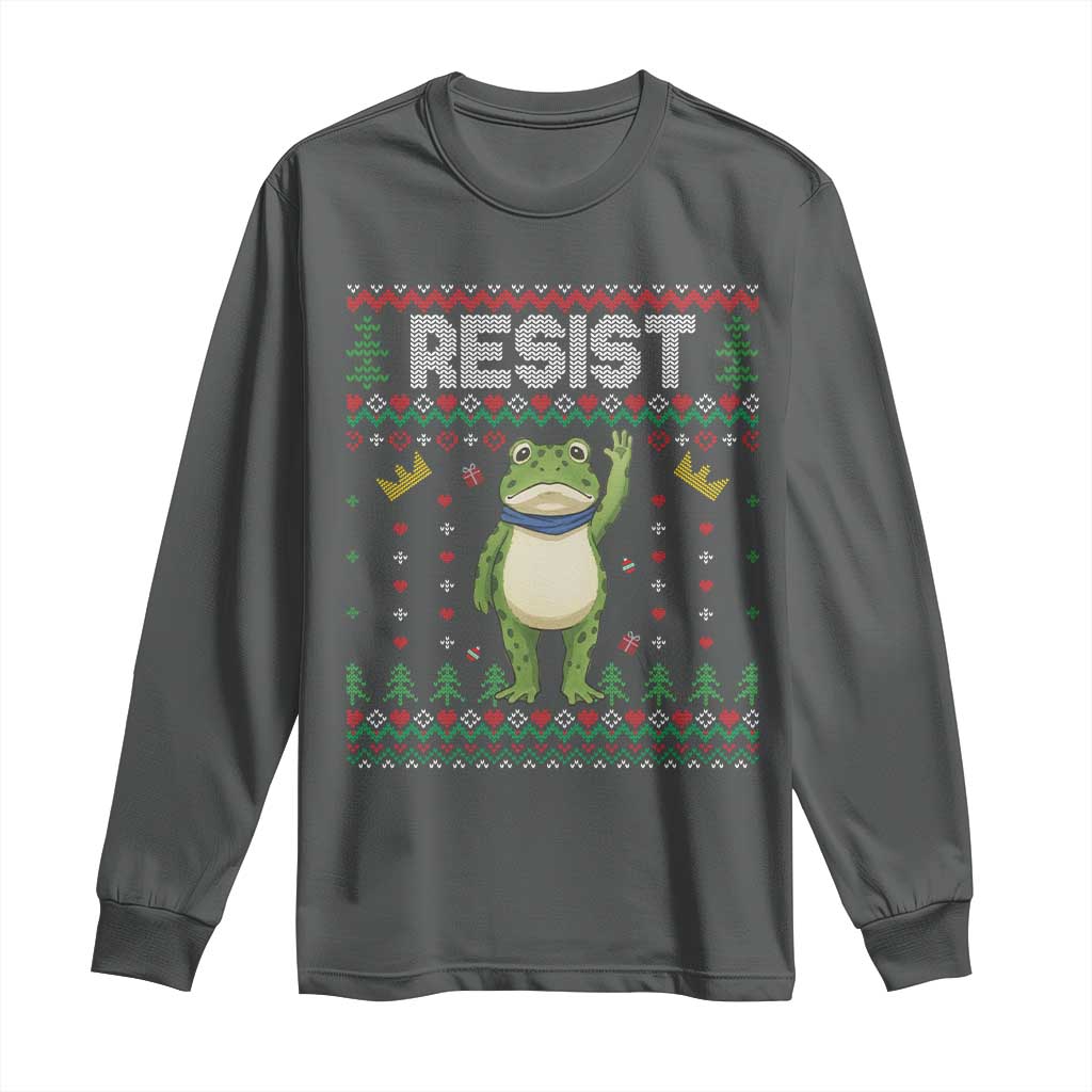 Resist Frog Long Sleeve Shirt Funny Portland Protest ICE Activist Meme 2025 TS14 Dark Heather Print Your Wear