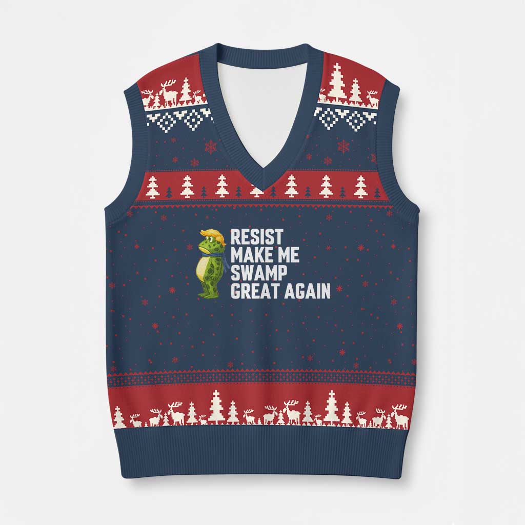 Resist Frog V-Neck Knit Sweater Vest Funny Polittical 2025 Meme TS14 Navy Red Print Your Wear