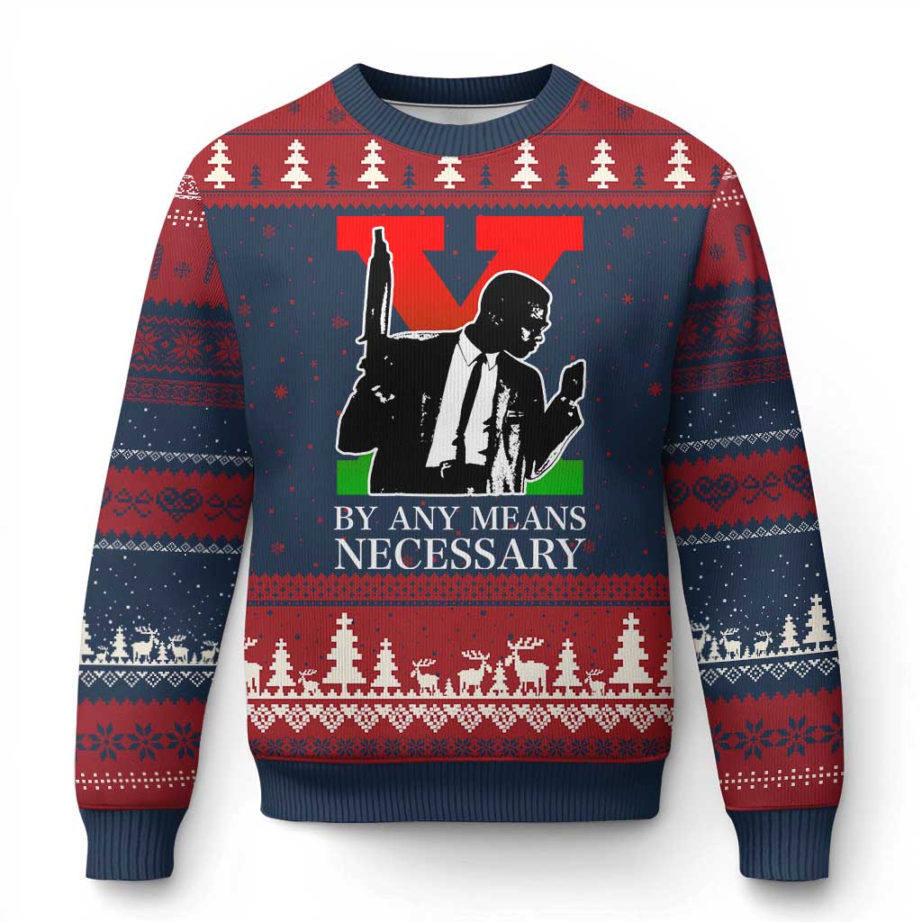 Malcolm X Ugly Christmas Sweater By Any Means Necessary TS14 Navy Red Print Your Wear