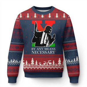 Malcolm X Ugly Christmas Sweater By Any Means Necessary TS14 Navy Red Print Your Wear