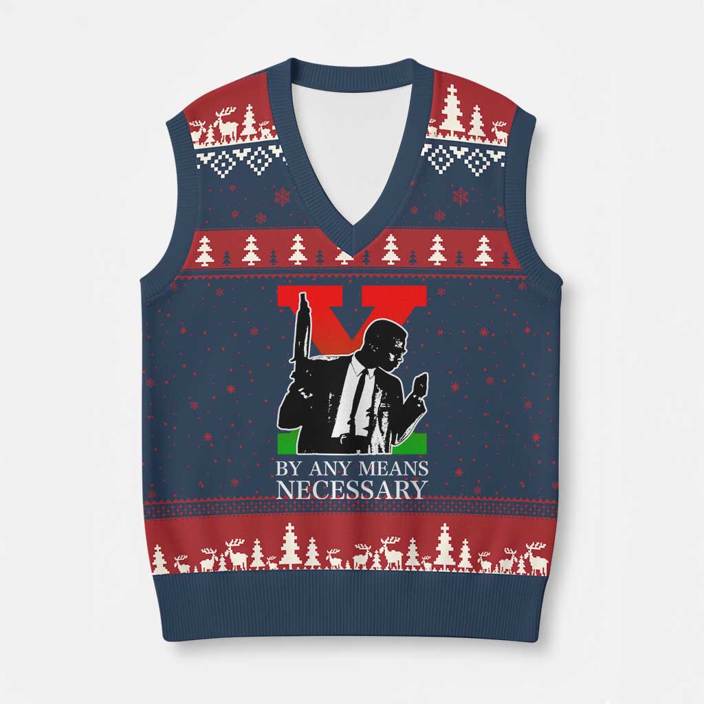 Malcolm X V-Neck Knit Sweater Vest By Any Means Necessary TS14 Navy Red Print Your Wear