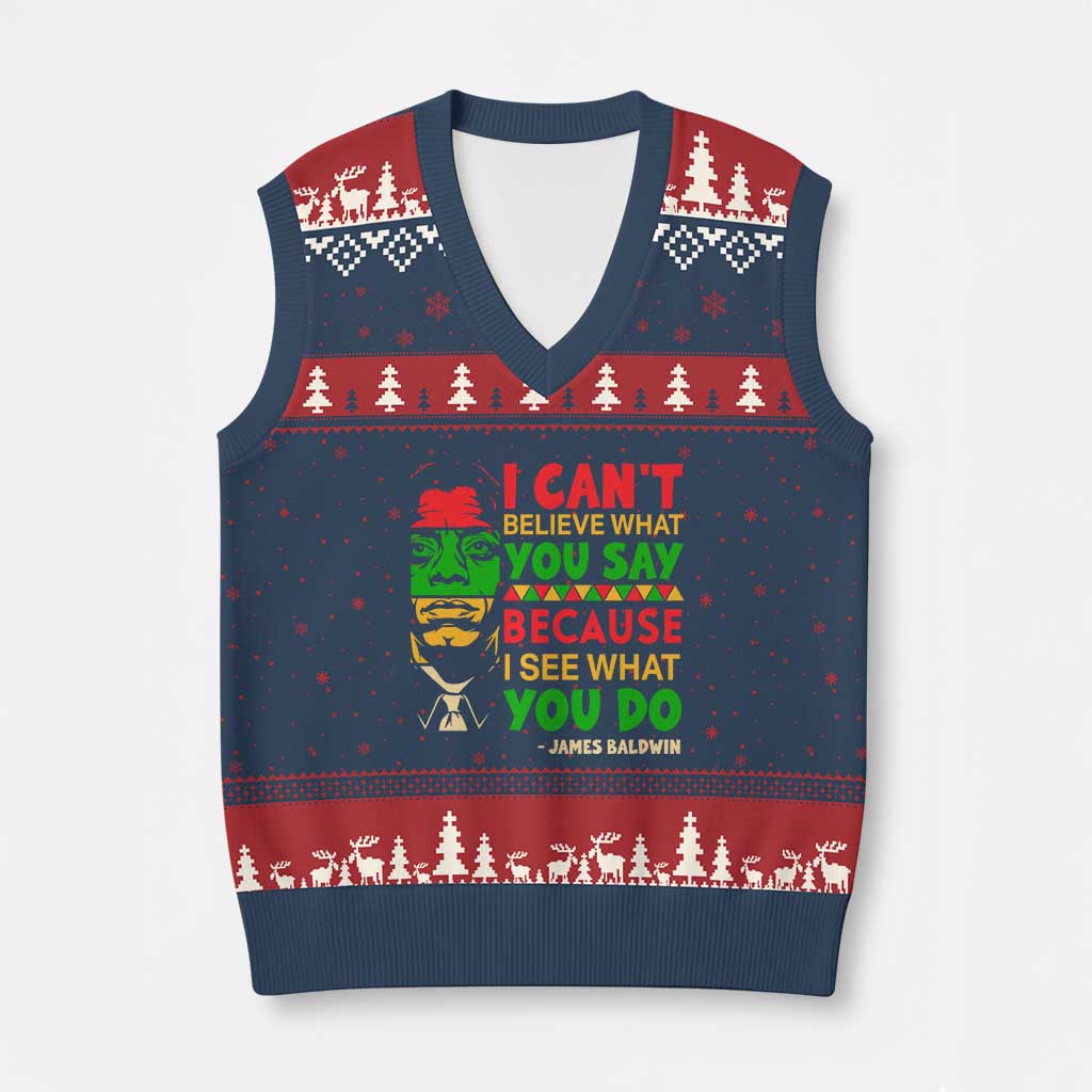 James Baldwin V-Neck Knit Sweater Vest I Can't Believe What You Say Because I See What You Do TS14 Navy Red Print Your Wear