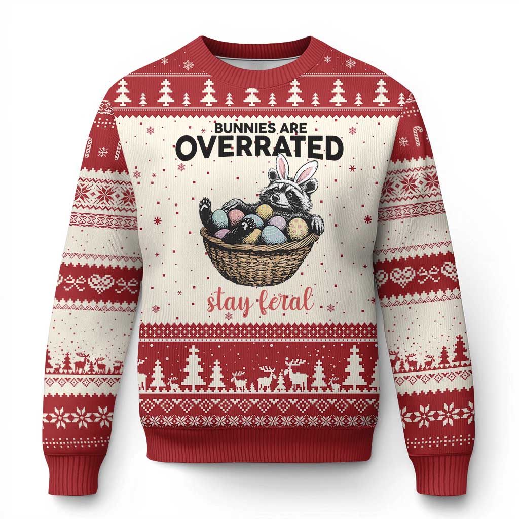 Funny Easter Raccoon Bunny Ugly Christmas Sweater Bunnies Are Overrated Stay Feral TS14 Beige Red Print Your Wear