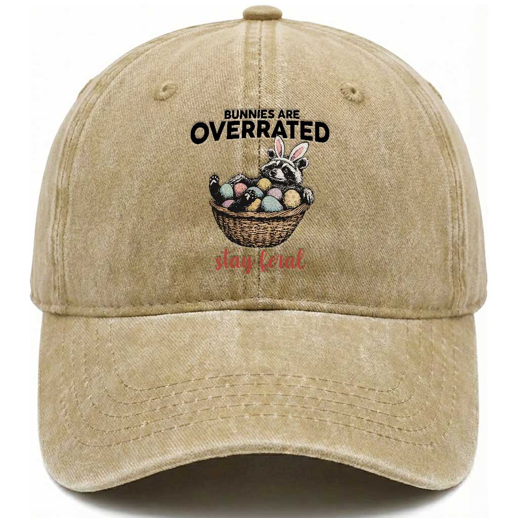 Funny Easter Raccoon Bunny Washed Cotton Baseball Cap Bunnies Are Overrated Stay Feral TS14 Print Your Wear