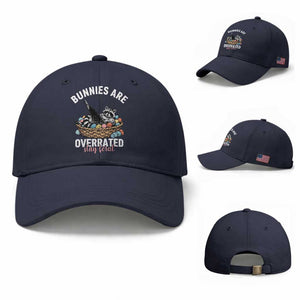 Funny Easter Raccoon Meme Baseball Cap Bunnies Are Overrated Stay Feral TS14 Baseball Cap Universal Fit Navy Print Your Wear