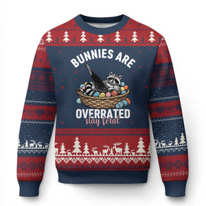 Funny Easter Raccoon Meme Ugly Christmas Sweater Bunnies Are Overrated Stay Feral TS14 Navy Red Print Your Wear