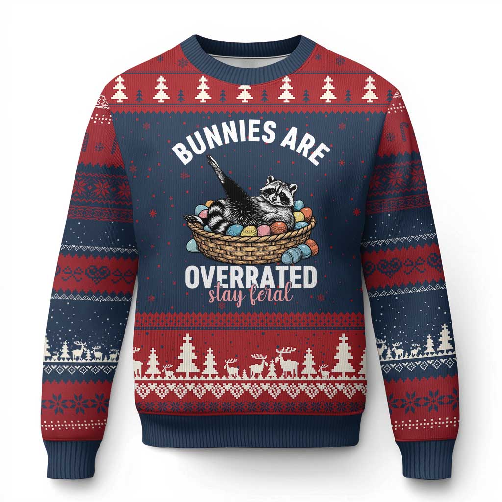 Funny Easter Raccoon Meme Ugly Christmas Sweater Bunnies Are Overrated Stay Feral TS14 Navy Red Print Your Wear