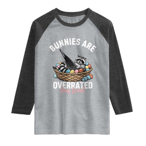 Funny Easter Raccoon Meme Raglan Shirt Bunnies Are Overrated Stay Feral TS14 Heather Gray Heather Charcoal Print Your Wear