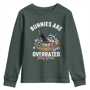 Funny Easter Raccoon Meme Youth Sweatshirt Bunnies Are Overrated Stay Feral TS14 Dark Forest Green Print Your Wear