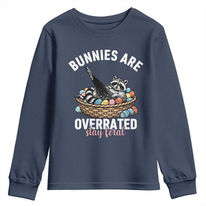 Funny Easter Raccoon Meme Youth Sweatshirt Bunnies Are Overrated Stay Feral TS14 Navy Print Your Wear