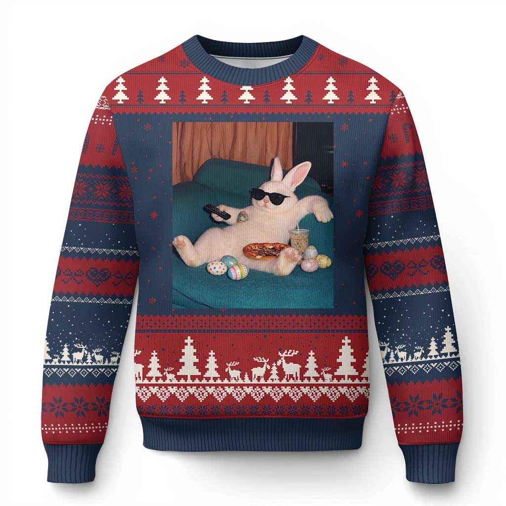 Easter Bunny Iced Coffee Ugly Christmas Sweater Funny Animal Meme TS14 Navy Red Print Your Wear