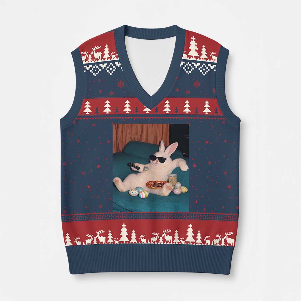 Easter Bunny Iced Coffee V-Neck Knit Sweater Vest Funny Animal Meme TS14 Navy Red Print Your Wear