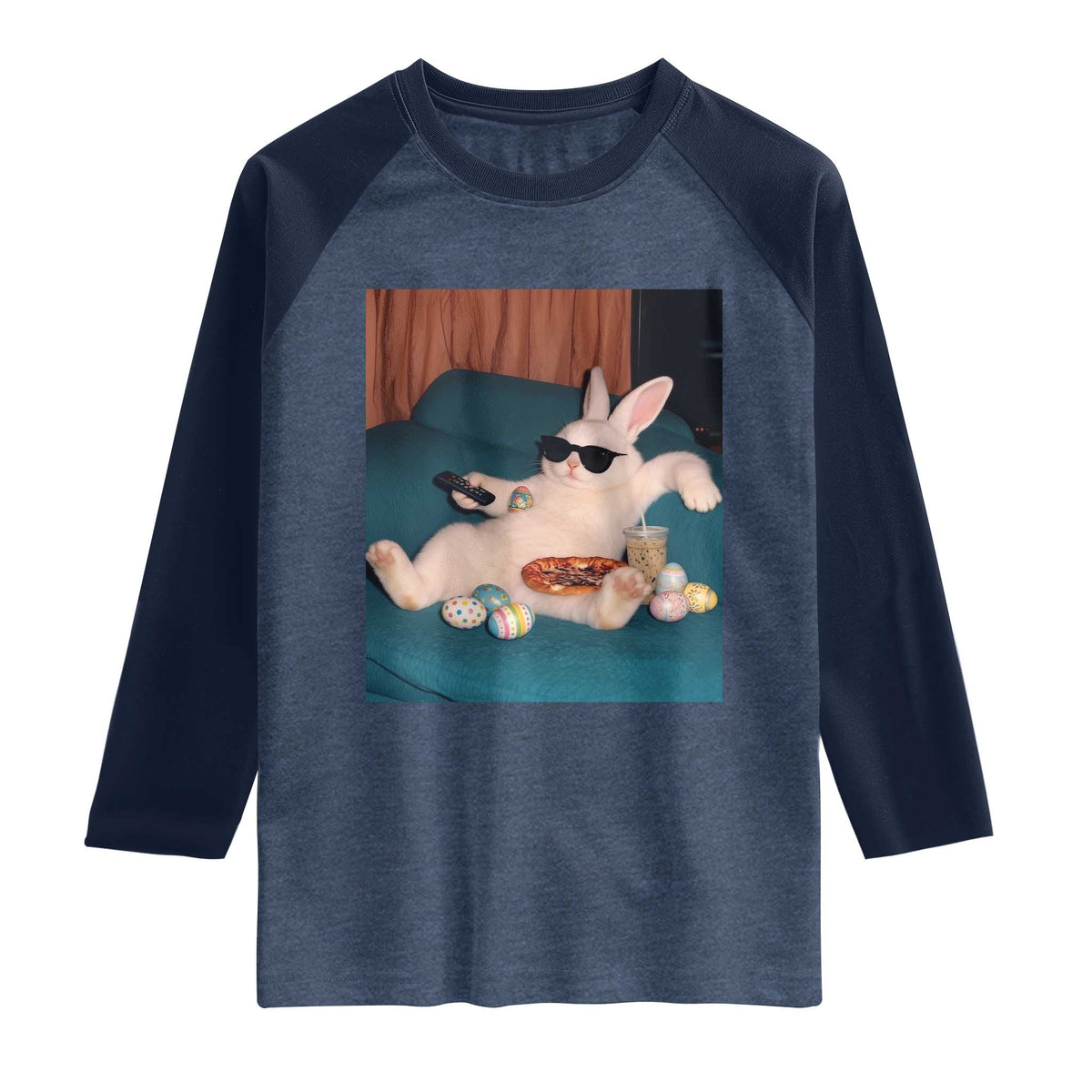 Easter Bunny Iced Coffee Raglan Shirt Funny Animal Meme TS14 Heather Denim Navy Print Your Wear