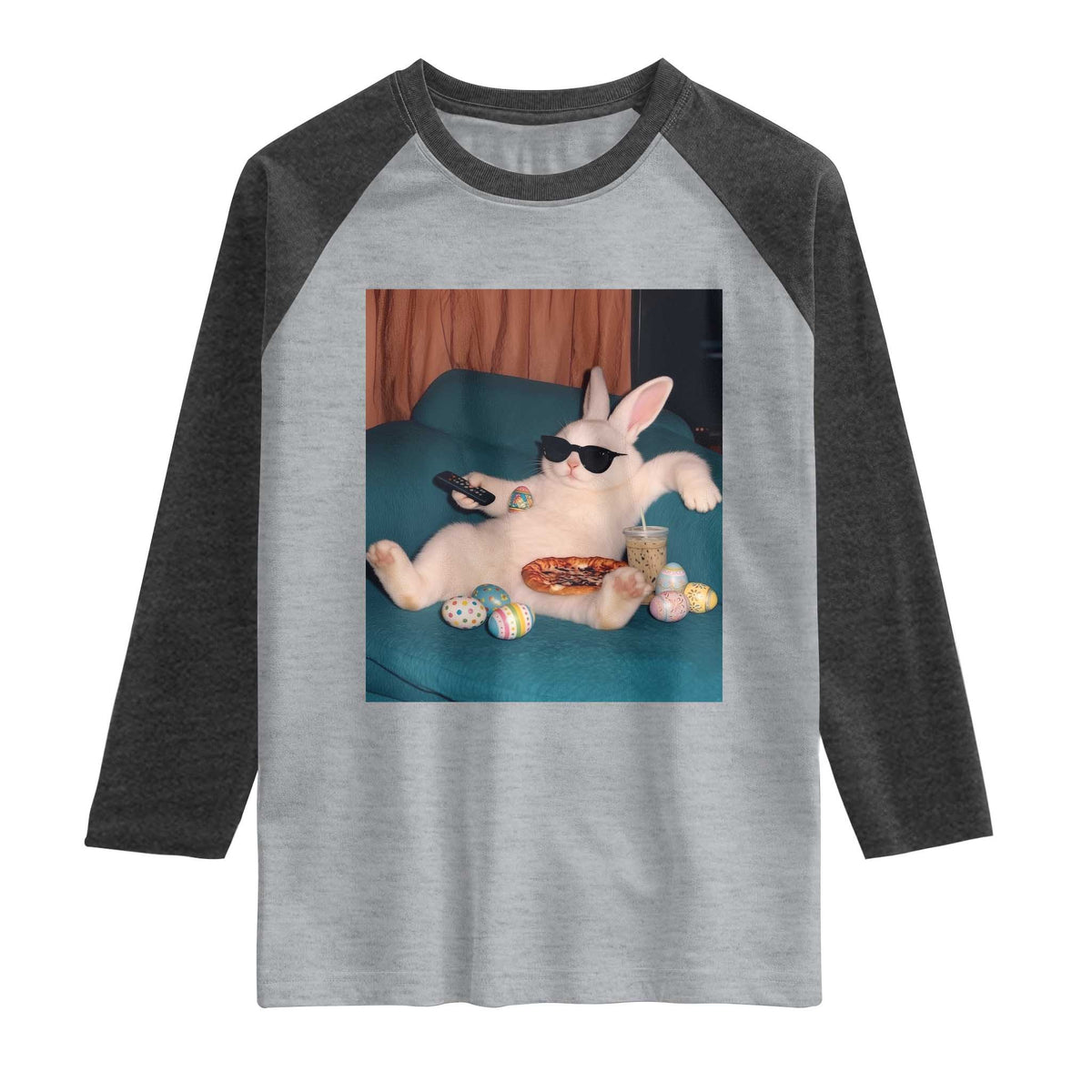 Easter Bunny Iced Coffee Raglan Shirt Funny Animal Meme TS14 Heather Gray Heather Charcoal Print Your Wear