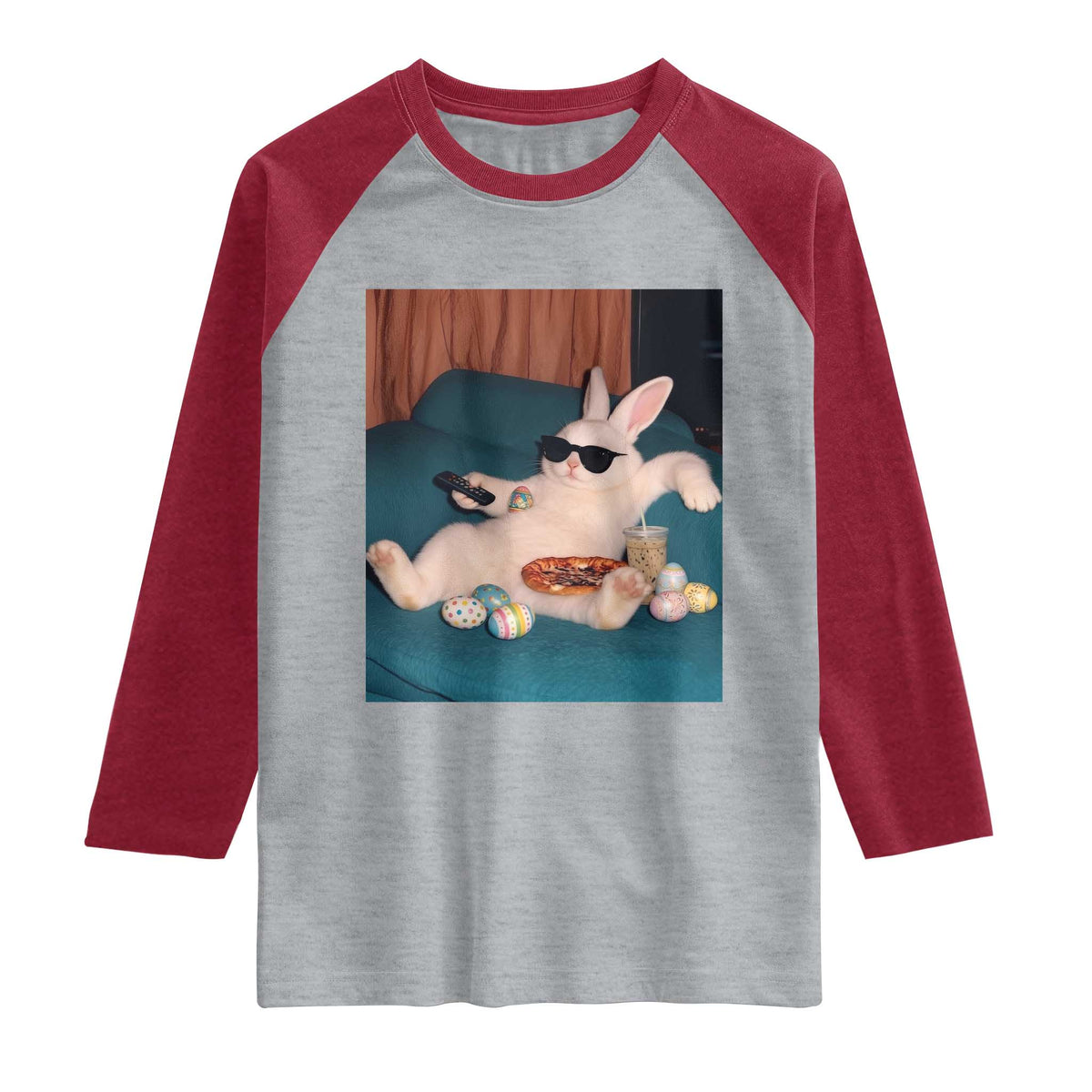 Easter Bunny Iced Coffee Raglan Shirt Funny Animal Meme TS14 Heather Gray Heather Red Print Your Wear
