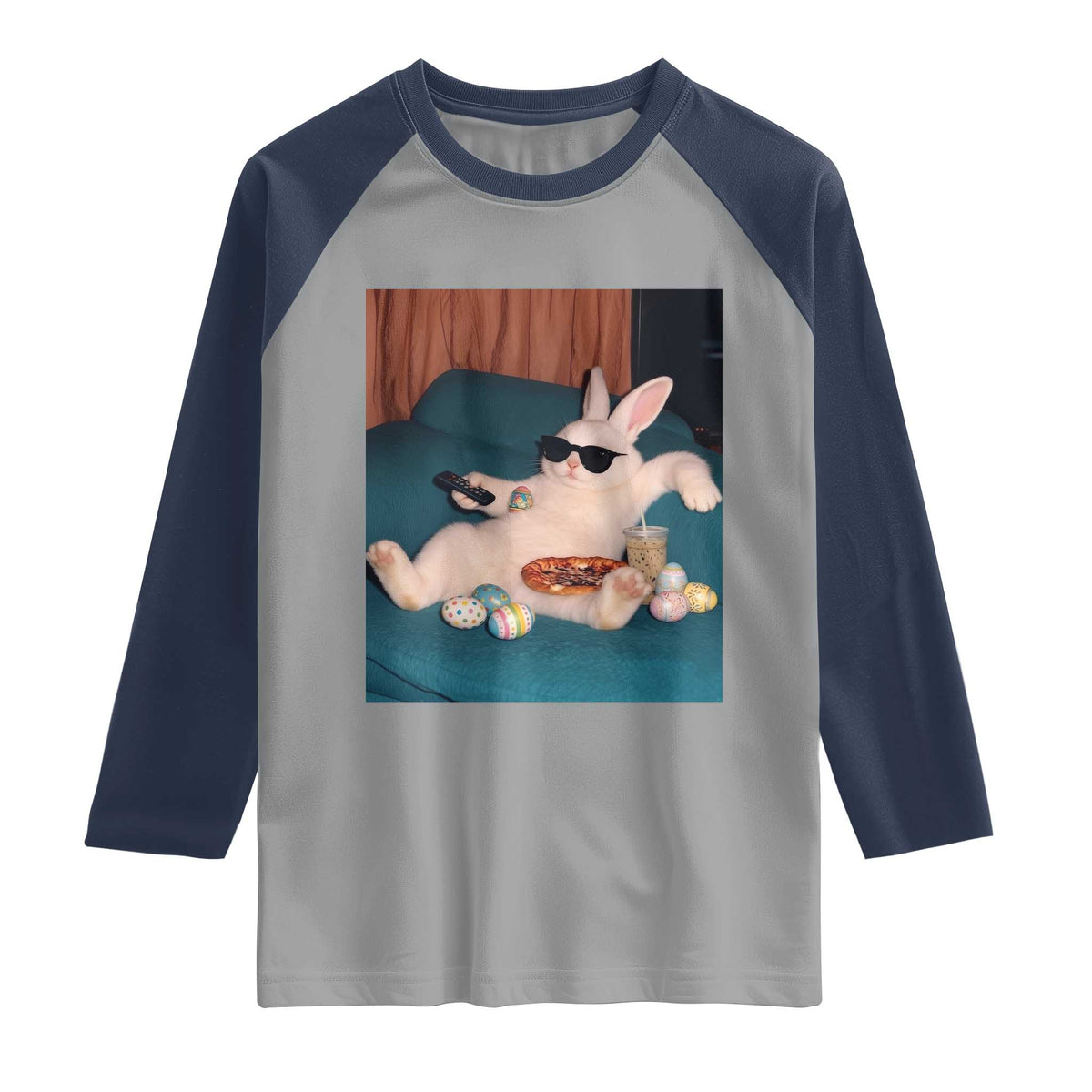 Easter Bunny Iced Coffee Raglan Shirt Funny Animal Meme TS14 Sport Gray Navy Print Your Wear