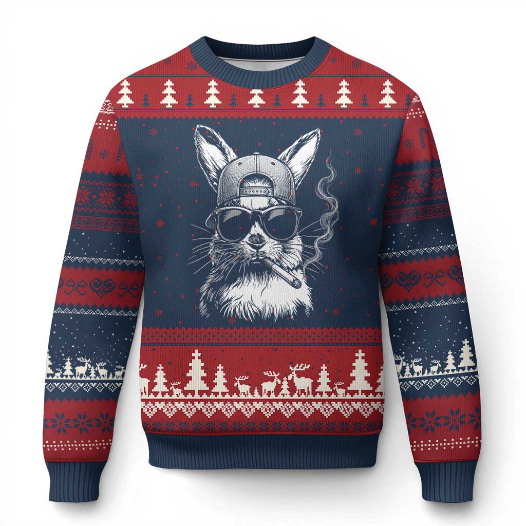 Funny Easter Bunny Smoking Meme Ugly Christmas Sweater TS14 Navy Red Print Your Wear
