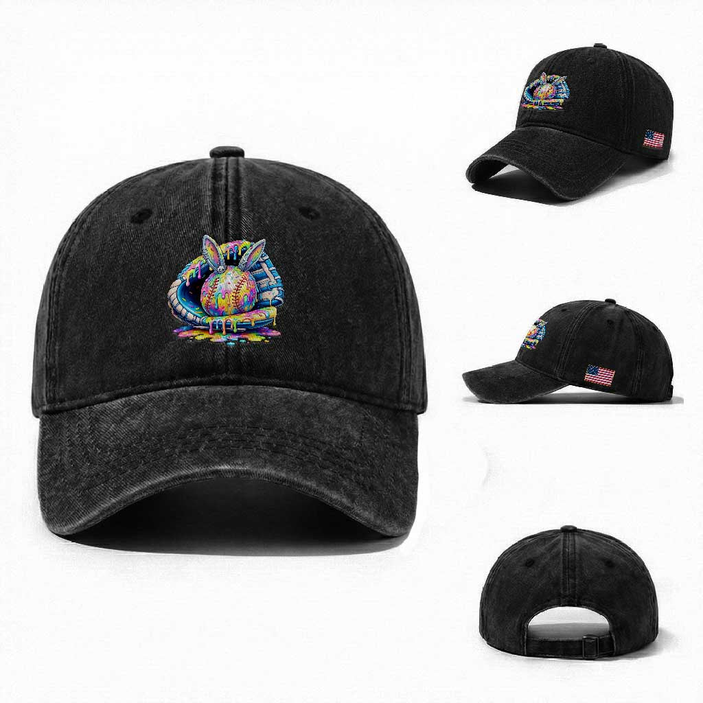 Baseball Easter Washed Cotton Baseball Cap Drip Ice Cream Sprinkles Baseball Glove TS14 Washed Cap Universal Fit Black Print Your Wear
