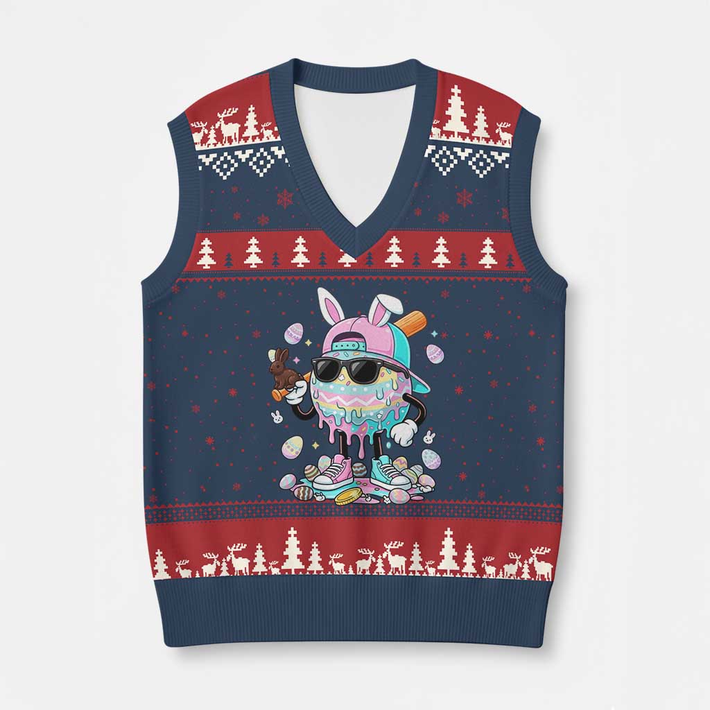 Funny Baseball Easter V-Neck Knit Sweater Vest Drip Ice Cream Bunny Easter TS14 Navy Red Print Your Wear