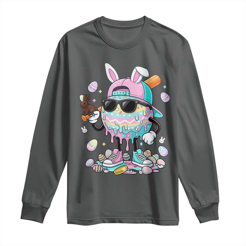 Funny Baseball Easter Long Sleeve Shirt Drip Ice Cream Bunny Easter TS14 Dark Heather Print Your Wear