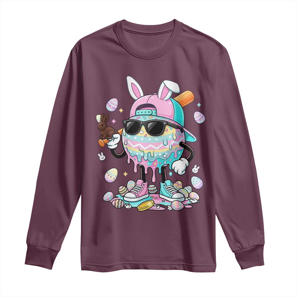 Funny Baseball Easter Long Sleeve Shirt Drip Ice Cream Bunny Easter TS14 Maroon Print Your Wear