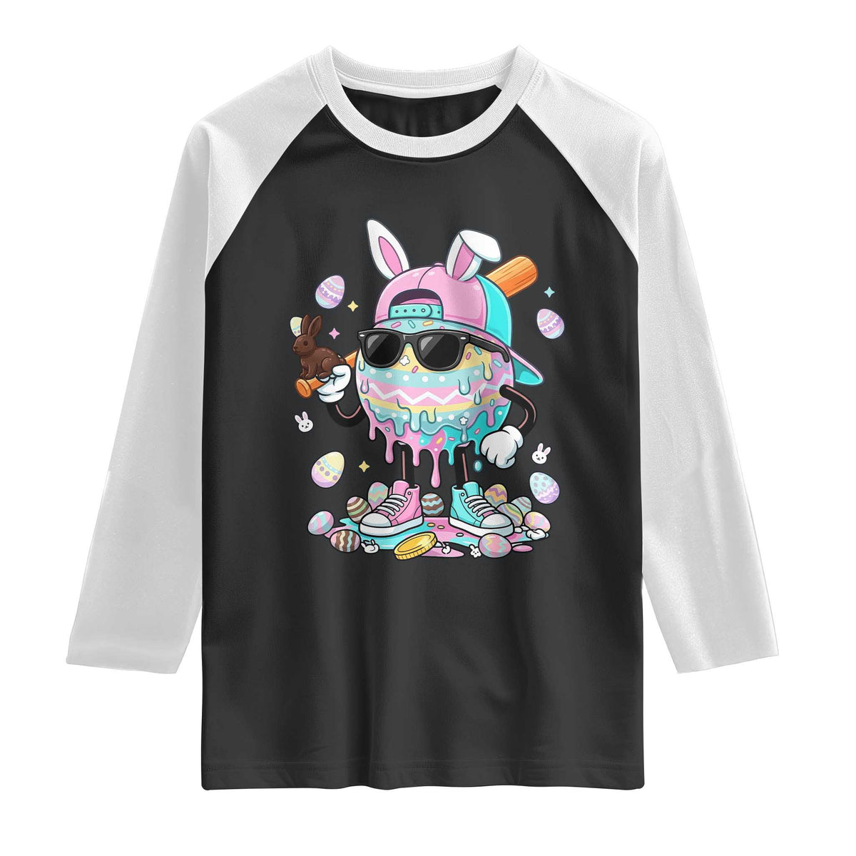Funny Baseball Easter Raglan Shirt Drip Ice Cream Bunny Easter TS14 Black White Print Your Wear