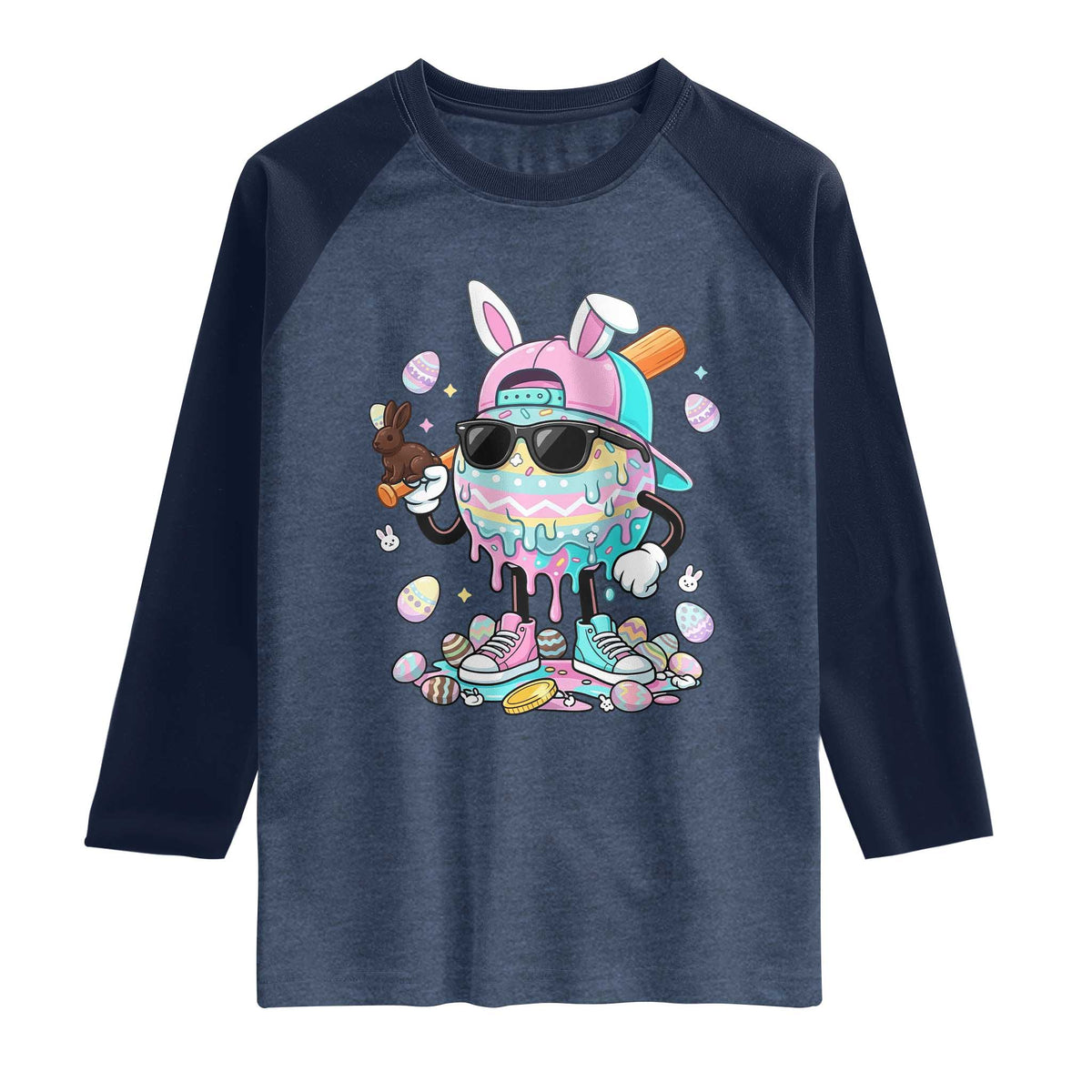 Funny Baseball Easter Raglan Shirt Drip Ice Cream Bunny Easter TS14 Heather Denim Navy Print Your Wear