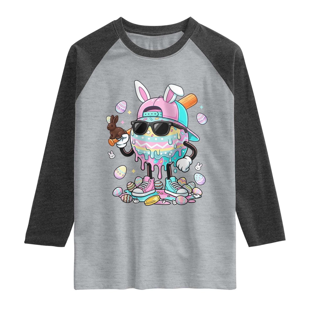 Funny Baseball Easter Raglan Shirt Drip Ice Cream Bunny Easter TS14 Heather Gray Heather Charcoal Print Your Wear