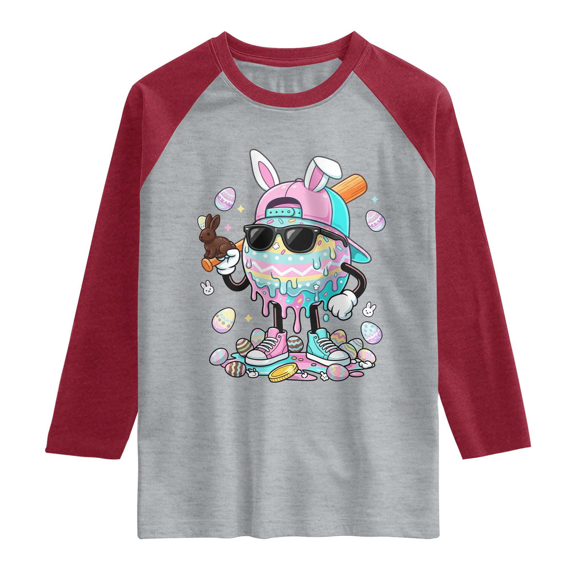 Funny Baseball Easter Raglan Shirt Drip Ice Cream Bunny Easter TS14 Heather Gray Heather Red Print Your Wear
