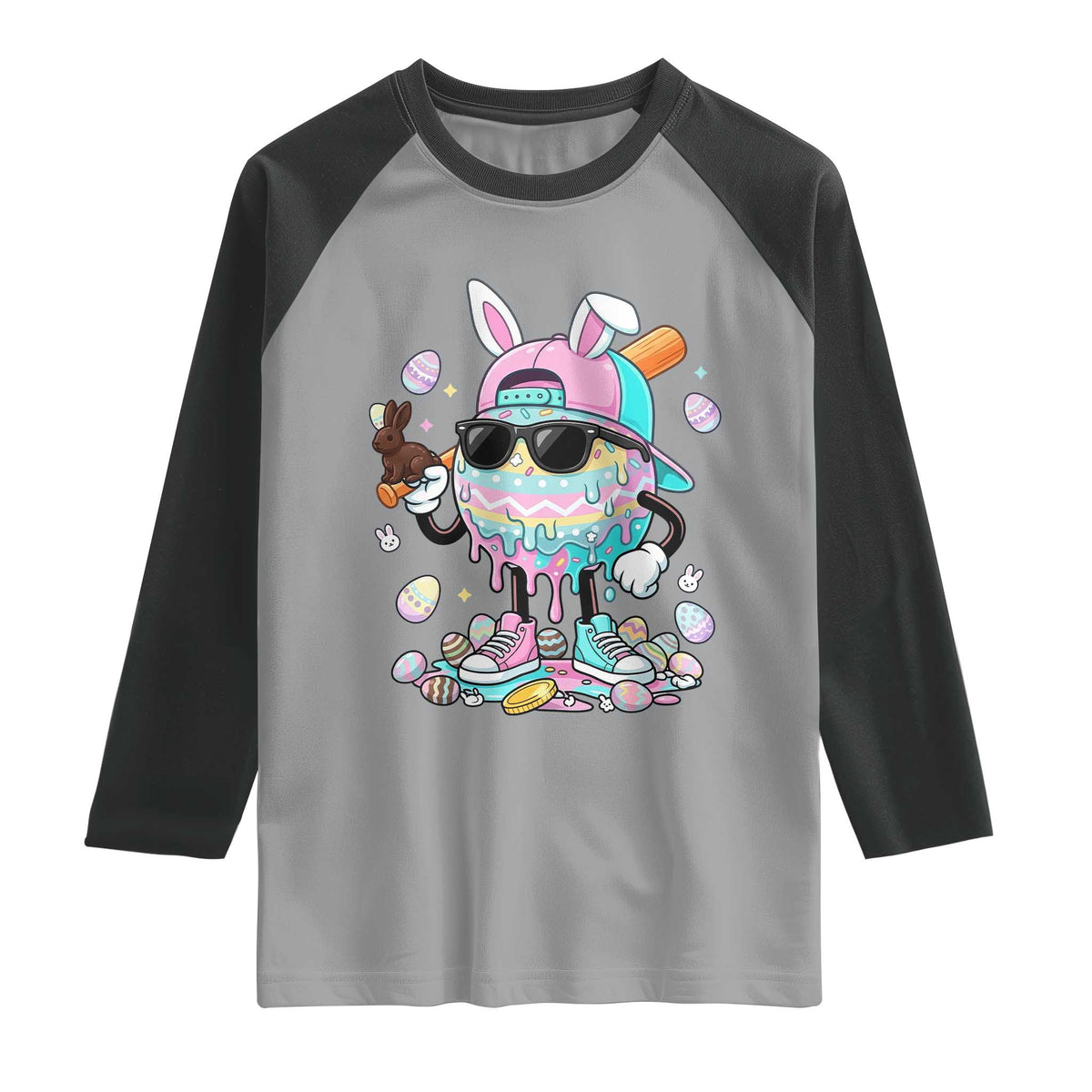 Funny Baseball Easter Raglan Shirt Drip Ice Cream Bunny Easter TS14 Sport Gray Black Print Your Wear