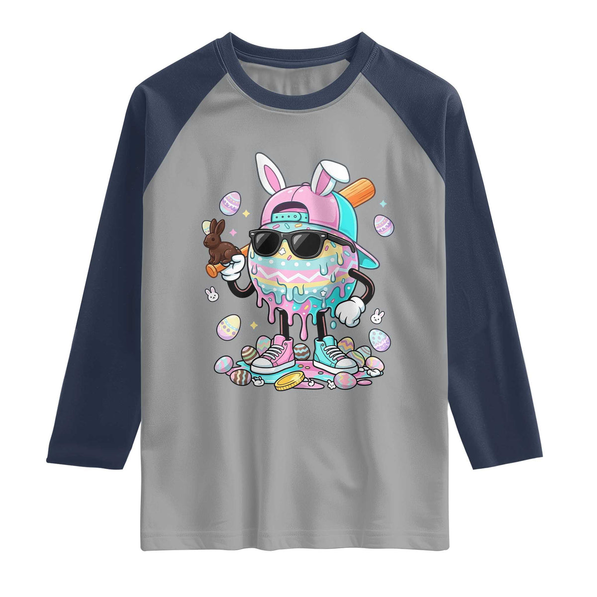 Funny Baseball Easter Raglan Shirt Drip Ice Cream Bunny Easter TS14 Sport Gray Navy Print Your Wear