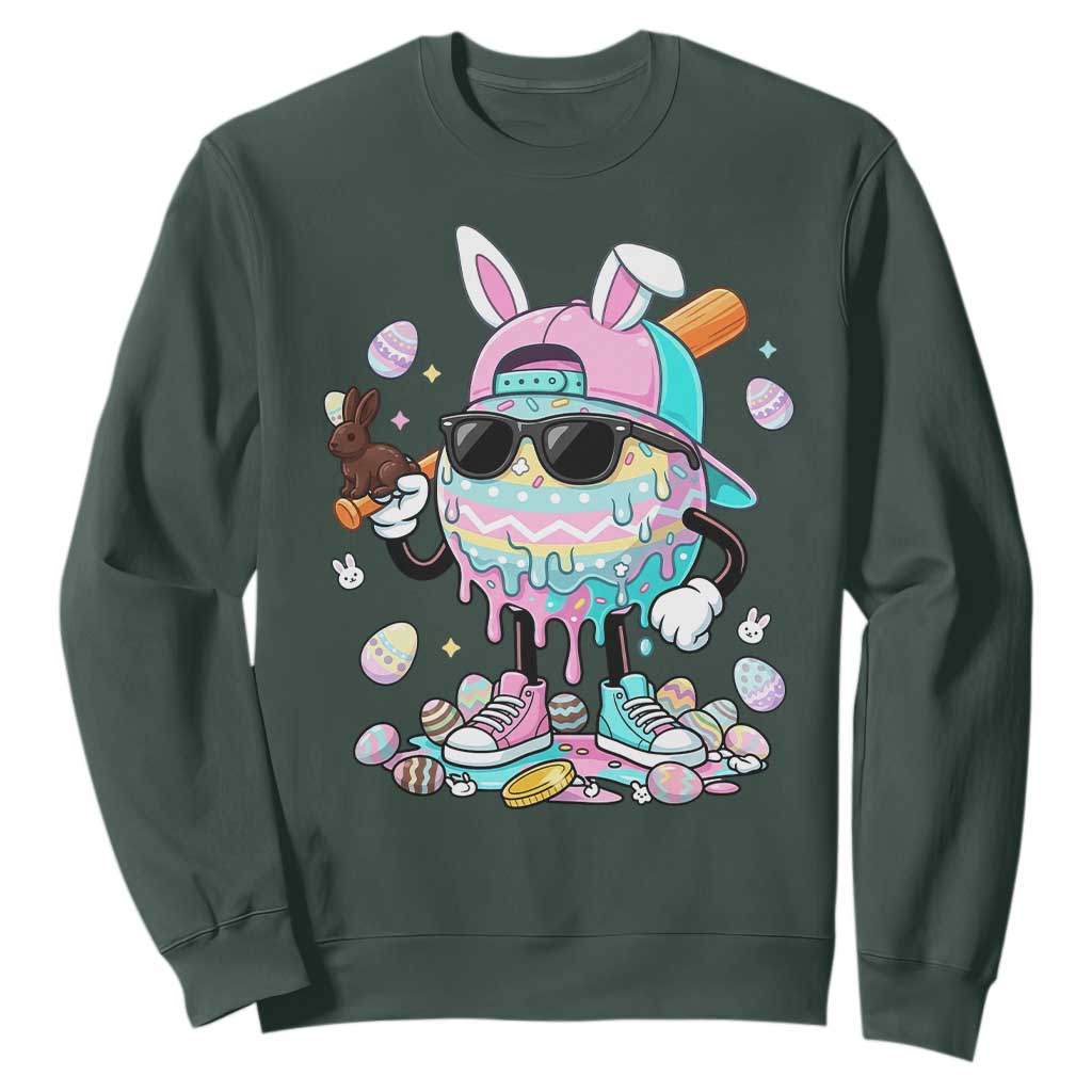 Funny Baseball Easter Sweatshirt Drip Ice Cream Bunny Easter TS14 Dark Forest Green Print Your Wear